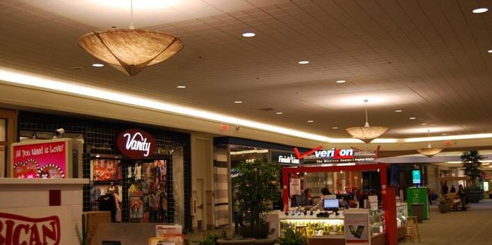 Pendant lighting, cove lighting, and recessed downlights at Ohio Valley Mall