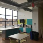 Decorative pendant lighting in a break room